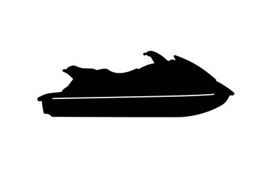 Jet ski silueti. Bu resim, parlak ve dinamik tasarımını vurgulayan, kişisel bir su aracı veya PWC olarak da adlandırılan koyu siyah jet ski siluetini sergiliyor. Clipart illüstrasyon tasarımı.