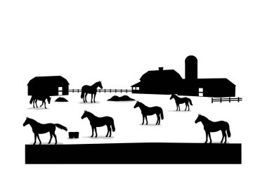 At çiftliği silueti. Bu resim, ahırları, ahırları, atları ve kırsal arazisi olan bir at çiftliği siluetinin klibi çizimini gösteriyor. Clipart illüstrasyon tasarımı.