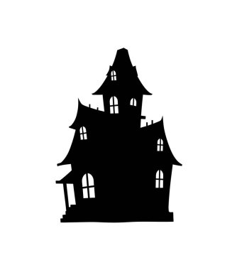 Ürkütücü ev silueti. Bu resimde ürkütücü pencereleri, sivri çatıları ve ürkütücü atmosferi olan perili bir malikane var. Cadılar Bayramı teması için mükemmel. Clipart illüstrasyon tasarımı.