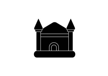 Zıplama evi silueti. Bu resim, şişme şato olarak da bilinen şişirilebilir bir şişme evin siyah beyaz Clipart çizimini gösteriyor. Clipart illüstrasyon tasarımı.
