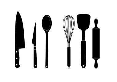 Mutfak gereçleri silueti. Bu resim bıçak, kaşık, çırpı, spatula ve merdane gibi çeşitli mutfak aletlerinin klitoris çizimini gösteriyor. Clipart illüstrasyon tasarımı.