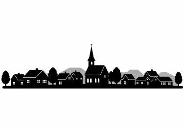 Köyün silueti. Bu resim, arka planda evleri, kilisesi, ağaçları ve dağları olan kırsal bir köyün siyah beyaz dağcılık çizimini gösteriyor. Clipart illüstrasyon tasarımı.