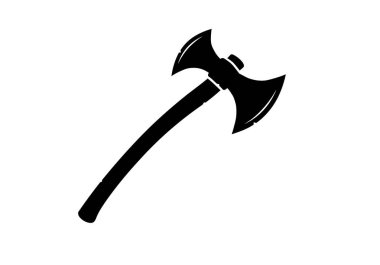 Savaş baltası silueti. Bu resim, keskin bir bıçak ve sapı olan savaş baltası ya da savaş baltası olarak da bilinen bir savaş baltasının siyah siluetini gösteriyor. Clipart illüstrasyon tasarımı.
