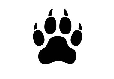 Aslan pençeli siluet. Bu resim, bir aslanın ayak izinin siyah siluetini gösteriyor. Üzerinde belirgin bir ana tabaka ve dört ayak parmağı var. Gücü ve yabanı simgeliyor. Clipart illüstrasyon tasarımı.