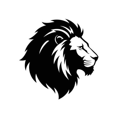 Aslan silueti logosu. Bu resim, görkemli bir yeleye ve güçlü bir ifadeye sahip bir aslanın kafasının detaylı bir klişe çizimini gösteriyor. Clipart illüstrasyon tasarımı.