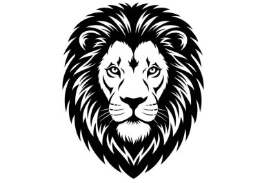 Aslan suratlı siluet. Bu resim belirgin yeleli bir aslanın yüzünün detaylı ve simetrik siyah ve beyaz bir çizimini gösteriyor. Clipart illüstrasyon tasarımı.