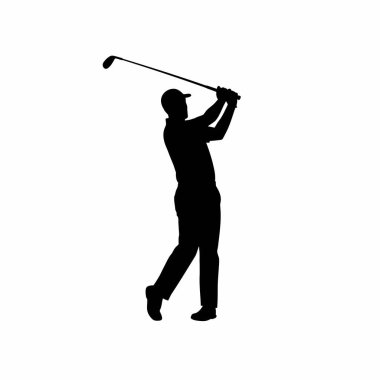 Golfçü silueti. Bu görüntü, salıncakta sallanan bir golfçünün siyah siluetini gösteriyor. Sporun dinamik hareketini ve zarafetini yakalıyor. Clipart illüstrasyon tasarımı.