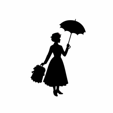 Mary poppins silueti. Şemsiye ve çanta tutan, Mary Poppins 'i, dadı figürünü ve klasik karakteri sembolize eden klasik bir siluet. Clipart illüstrasyon tasarımı.