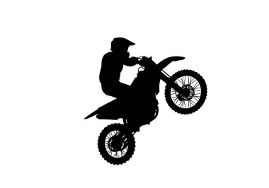 Kirli bisiklet silueti. Bu görüntü, motorsiklet üzerinde hareket ve heyecanı ön plana çıkaran bir sürücünün siyah siluetini gösteriyor. Clipart illüstrasyon tasarımı.
