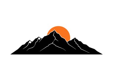 Dağ günbatımı silueti. Bu resim, arkasında sakin bir günbatımı olan engebeli bir dağ siluetini tasvir ediyor. Clipart siyah illüstrasyon tasarımı.