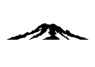 Rainier Dağı silueti. Bu resimde Rainier Dağı 'nın keskin zirveleri ve engebeli hatları olan koyu siyah bir taslağı sergilenmektedir. Clipart siyah illüstrasyon tasarımı.