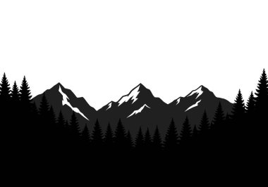 Orman dağı silueti. Bu resim, ön planda sakin bir orman bulunan sivri dağ tepelerinin cesur siyah çizgilerini içeriyor. Clipart siyah illüstrasyon tasarımı.