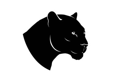 Panter kafa silueti. Bu görüntü, bir panterin kafasının ayrıntılı siyah görüntüsünü gözler, kulaklar ve bıyıklar gibi özellikler sergiliyor. Clipart illüstrasyon tasarımı.