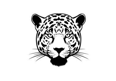 Jaguar suratlı siluet. Bu görüntü, panter ya da büyük kedi olarak da adlandırılan bir jaguarın detaylı siyah beyaz yüzünü gösteriyor. Clipart illüstrasyon tasarımı.