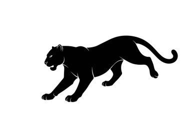 Jaguar silueti. Bu resim çömelmiş vaziyette duran bir jaguarın ayrıntılı siyah siluetini gösteriyor, ayrıca panter ya da büyük kedi olarak da bilinir. Clipart illüstrasyon tasarımı.