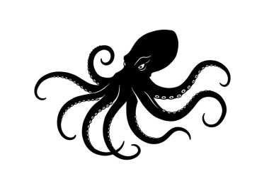 Kraken silueti. Bu resim, dokunaçları ve emici bardakları olan bir ahtapotu andıran efsanevi bir Kraken 'in siyah siluetini tasvir ediyor. Clipart illüstrasyon tasarımı.