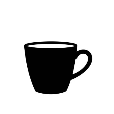 Siluet kabı. Bu resim, kahve ya da çay gibi içeceklerde sıklıkla kullanılan, temiz ve minimal bir tasarıma sahip, saplı siyah bir fincan siluetini gösteriyor. Clipart illüstrasyon tasarımı.