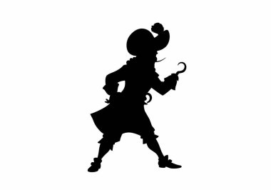 Kaptan Kanca Silueti. Bu resim Kaptan Kanca 'nın siluetini gösteriyor. Meşhur bir karakter, macerayı ve fanteziyi sembolize ediyor. Clipart illüstrasyon tasarımı.