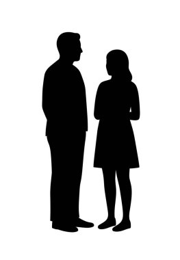İki kişinin silueti. Bu görüntü iki insanı ayakta ve yüz yüze gösteriyor, beyaz bir arkaplanda siyah siluetler olarak tasvir edilmiş. Clipart illüstrasyon tasarımı.