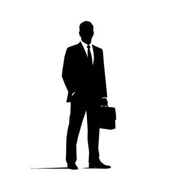 İş adamı silueti. Bu resim bir iş adamının siluetini gösteriyor evrak çantasıyla duruyor, kurumsal işleri ve liderliği sembolize ediyor. Clipart illüstrasyon tasarımı.