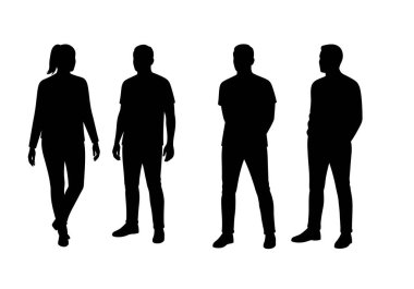 4 kişilik siluet. Bu resim, insanlar arasında çeşitliliği ve etkileşimi temsil eden farklı pozlarda duran dört bireyin siluetlerini gösteriyor. Clipart illüstrasyon tasarımı.
