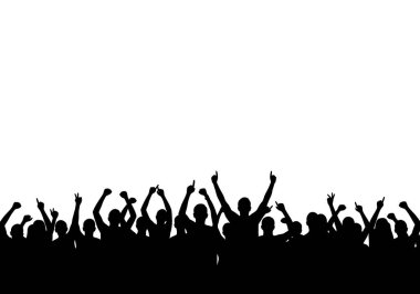 Kalabalığın siluetini alkışlıyorum. Bu resim, kutlama için ellerini kaldırmış bir grup insanı resmediyor. Halka açık bir etkinlikte neşe, birlik ve coşkuyu simgeliyor. Clipart illüstrasyon tasarımı.