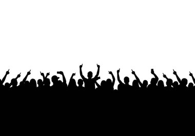 Konser kalabalığı silueti. Bu görüntü, bir müzik konserinde ya da halka açık bir etkinlikte alkışlayan, alkışlayan ve kutlama yapan kalabalığı gösteriyor. Clipart illüstrasyon tasarımı.