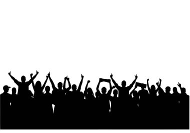 Kalabalık siluetleri. Bu resim, bir grup insanın silüet içinde ellerini kaldırarak birlik, heyecan ve coşku dolu kutlamaları resmediyor. Clipart illüstrasyon tasarımı.