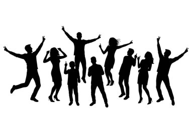 Parti insanları silueti. Bu resim, çeşitli dans pozlarındaki bir grup insanı, kutlama ve sosyal birliği sembolize eden siyah siluetler olarak tasvir ediliyor. Clipart illüstrasyon tasarımı.