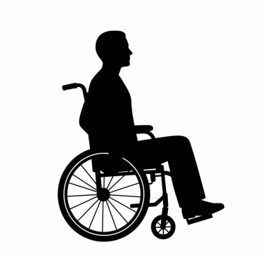 Tekerlekli sandalyedeki kişi silueti. Bu görüntü tekerlekli sandalyede oturan bir kişinin siyah siluetini gösteriyor. Hareket kabiliyeti, ulaşılabilirliği ve sağlık hizmetlerini simgeliyor. Clipart illüstrasyon tasarımı.