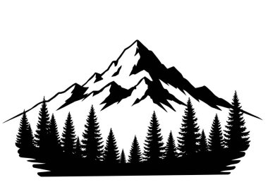 Dağ ve çam ağacı silueti. Bu resim, çam ağaçlarıyla çevrili görkemli bir dağı, dağlık yabanı ve sakin manzaraları sembolize ediyor. Clipart illüstrasyon tasarımı.