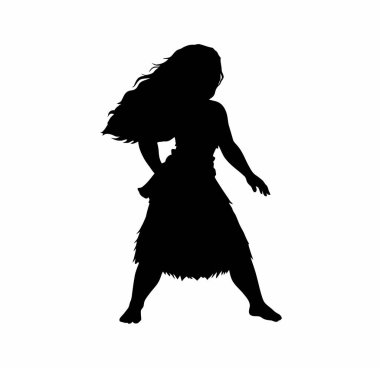 Moana silueti. Bu resim Moana 'nın detaylı bir siluetini gösteriyor, Disney' den Polinezyalı bir karakter, dalgalı saçları ve elbisesi ile ayakta duruyor. Clipart illüstrasyon tasarımı.