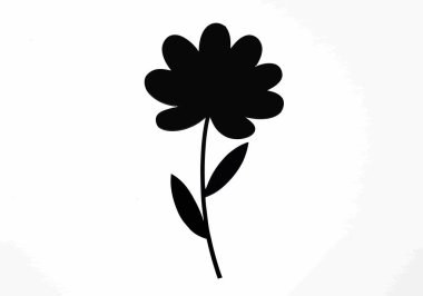 Kağıt çiçek silueti. Bu resim yuvarlak yapraklı ve sapında iki yaprak olan siyah bir çiçek siluetini gösteriyor. Clipart illüstrasyon tasarımı.