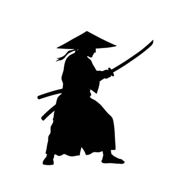 Samuray silueti. Bu resim, savaş sanatlarını sembolize eden ikonik bir savaş pozunda katana kullanan geleneksel bir Japon savaşçısının siyah siluetini gösteriyor. Clipart illüstrasyon tasarımı.