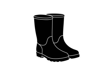 Çizmeli siluet. Bu resim, su geçirmez ayakkabıları sembolize eden lastik çizmeler veya yağmur botları olarak da adlandırılan siyah çizme siluetini gösteriyor. Clipart illüstrasyon tasarımı.
