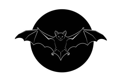 Yarasa ay silueti. Kanatları geniş bir yarasa hilal şeklindeki bir ayın arka planına doğru uçuyor. illüstrasyon siyah clipart tasarımı.