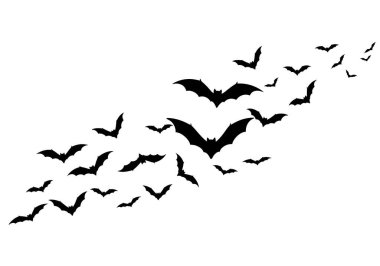 Yarasa sürüsü silueti. Yarasalar çapraz bir şekilde uçarak çarpıcı bir siluet oluştururlar. illüstrasyon siyah clipart tasarımı.