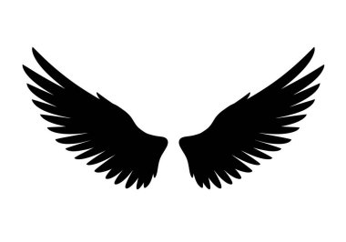 Kuş kanatları silueti. Bu resim siyah simetrik kanatların ayrıntılı tüy desenleriyle zarifçe yayıldığını gösteriyor. Clipart siyah illüstrasyon tasarımı.