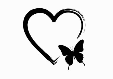 Kelebek kalp silueti. Bu resim kelebeklerin kalp oluşturan yaratıcı bir kombinasyonunu gösteriyor, aynı zamanda romantik motif ya da soyut dekorasyon olarak da bilinir. Clipart siyah illüstrasyon tasarımı.