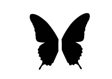 Kelebek kanatları silueti. Bu resim, aynı zamanda dekoratif motif veya sanatsal amblem olarak da adlandırılan kelebek kanatlarının zarif şeklini sergiliyor. Clipart siyah illüstrasyon tasarımı.