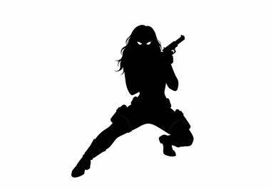 Dişi casus silueti. Bu resimde dinamik pozlar veren, silah tutan, gizemli ve parlak bir hava yayan bir kadın casus görülüyor. Clipart siyah illüstrasyon tasarımı.