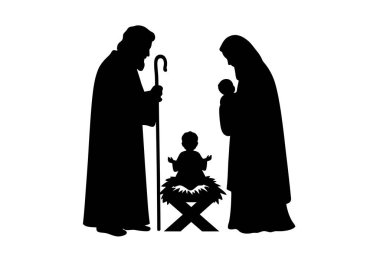 Kutsal aile silueti. Bu resim, bir yemlikle birlikte İsa 'nın doğumu sahnesinde Joseph, Meryem ve İsa' nın da yer aldığı kutsal aileyi tasvir eder. Clipart siyah illüstrasyon tasarımı.