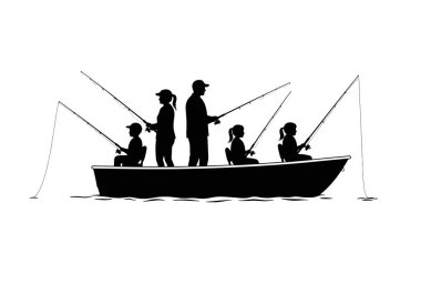 Aile balık silueti. Bu resim, çubuklar ve suyla teknede balık tutan bir aileyi gösteriyor. Clipart siyah illüstrasyon tasarımı.