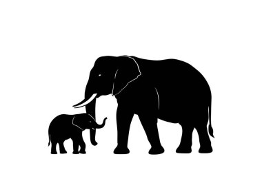 Fil ailesinin silueti. Bu resim, yanında duran bir ebeveyn ve bebek de dahil olmak üzere siyah bir fil silueti içerir. Clipart siyah illüstrasyon tasarımı.