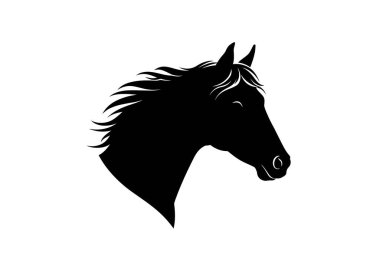At suratlı siluet. Bu resim, görkemli güzelliği ve zarafeti sembolize eden detaylı özelliklere sahip bir at kafası profilinin siyah siluetini tasvir ediyor. Clipart siyah illüstrasyon tasarımı.