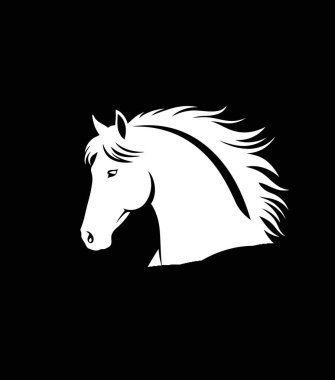 Beyaz başlı at silueti. Bu resim beyaz bir at kafası silueti gösteriyor. Siyah bir arka planda akmakta olan yelesi zarafet ve gücü simgeliyor. Clipart siyah illüstrasyon tasarımı.