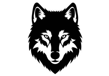 Kurt suratlı siluet. Vahşi lupin amblemi cesur özellikler, detaylı kürkler ve delici gözler, vahşi doğayı ve gücü simgeliyor. Clipart siyah illüstrasyon tasarımı.