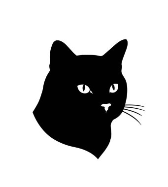 Kedi kafası silueti. Bıyık, kulak, göz ve burun gibi belirgin özellikleri olan siyah kedi kafası silueti. Clipart siyah illüstrasyon tasarımı.