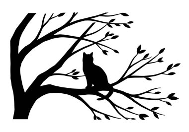 Ağaç siluetindeki kedi. Yapraklarla çevrili bir ağaç dalında zarif bir şekilde oturan siyah bir kedi silueti. Clipart siyah illüstrasyon tasarımı.