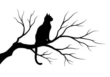Dal siluetinde kedi. Yapraklarla çevrili bir ağaç dalına zarif bir şekilde tünemiş siyah bir kedi silueti. Clipart siyah illüstrasyon tasarımı.